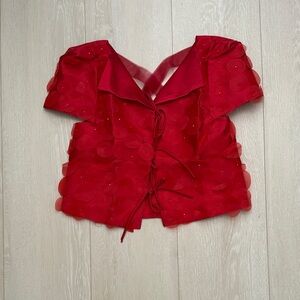 ✨ Cocobee Red Lace-Up Collared Lace Accented Blouse